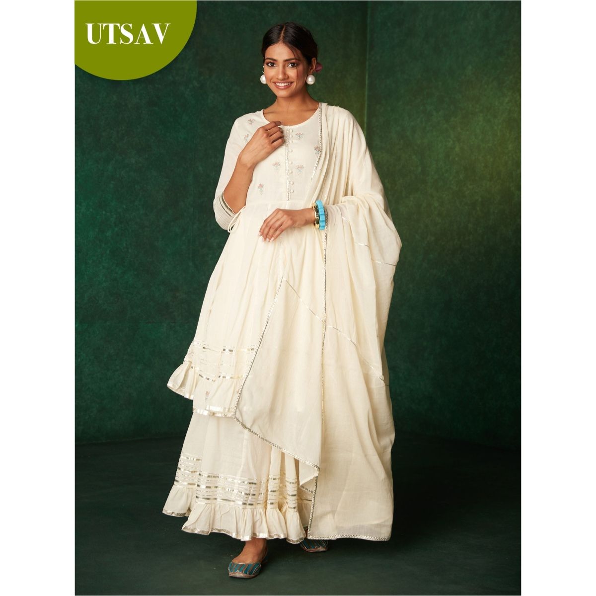 Milky White Lucknowi Embroidered Georgette Anarkali Suit