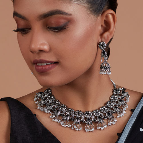 Azai by Nykaa Fashion Ethnic Black and Silver Oxidised Statement Jewellery  Set of