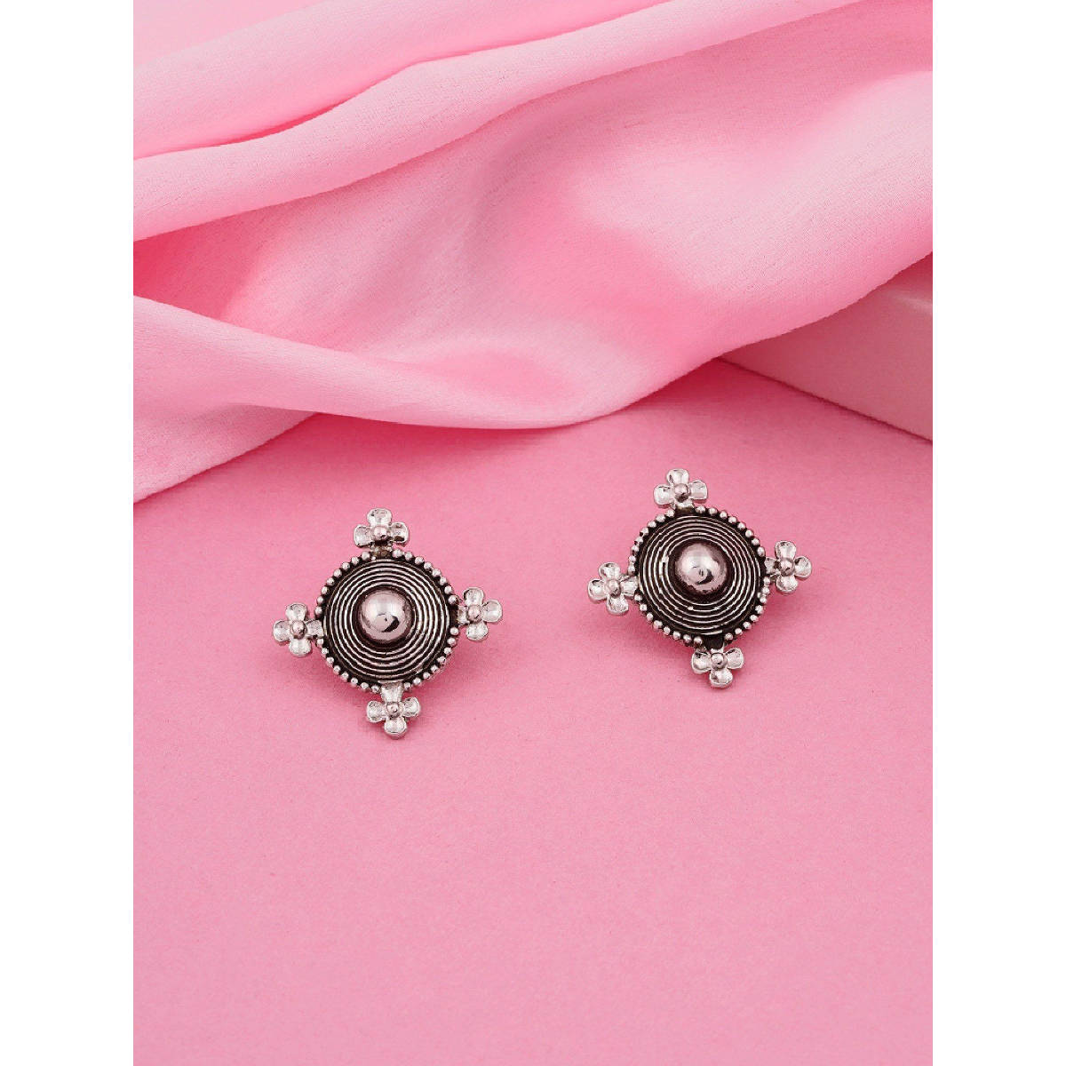 Estele Rhodium Plated MOONLIGHT OXIDIZED STUD Earrings for Women