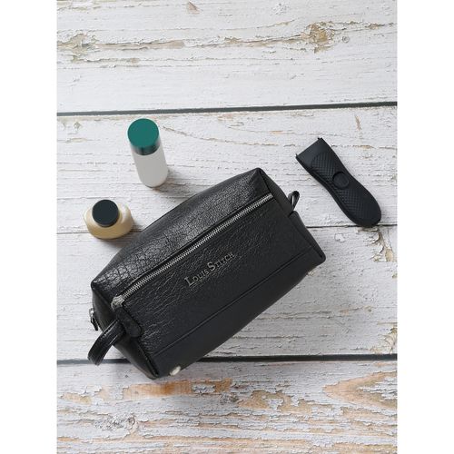 Louis Stitch Mens Jet Black Italian Shrunken Leather Toiletry Kit Travel  Organizer Pouch