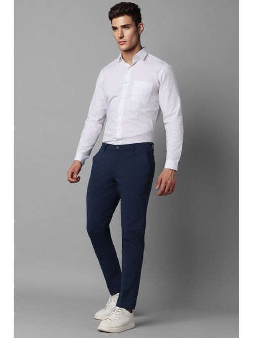 Men Navy Slim Fit Check Flat Front Casual Trousers