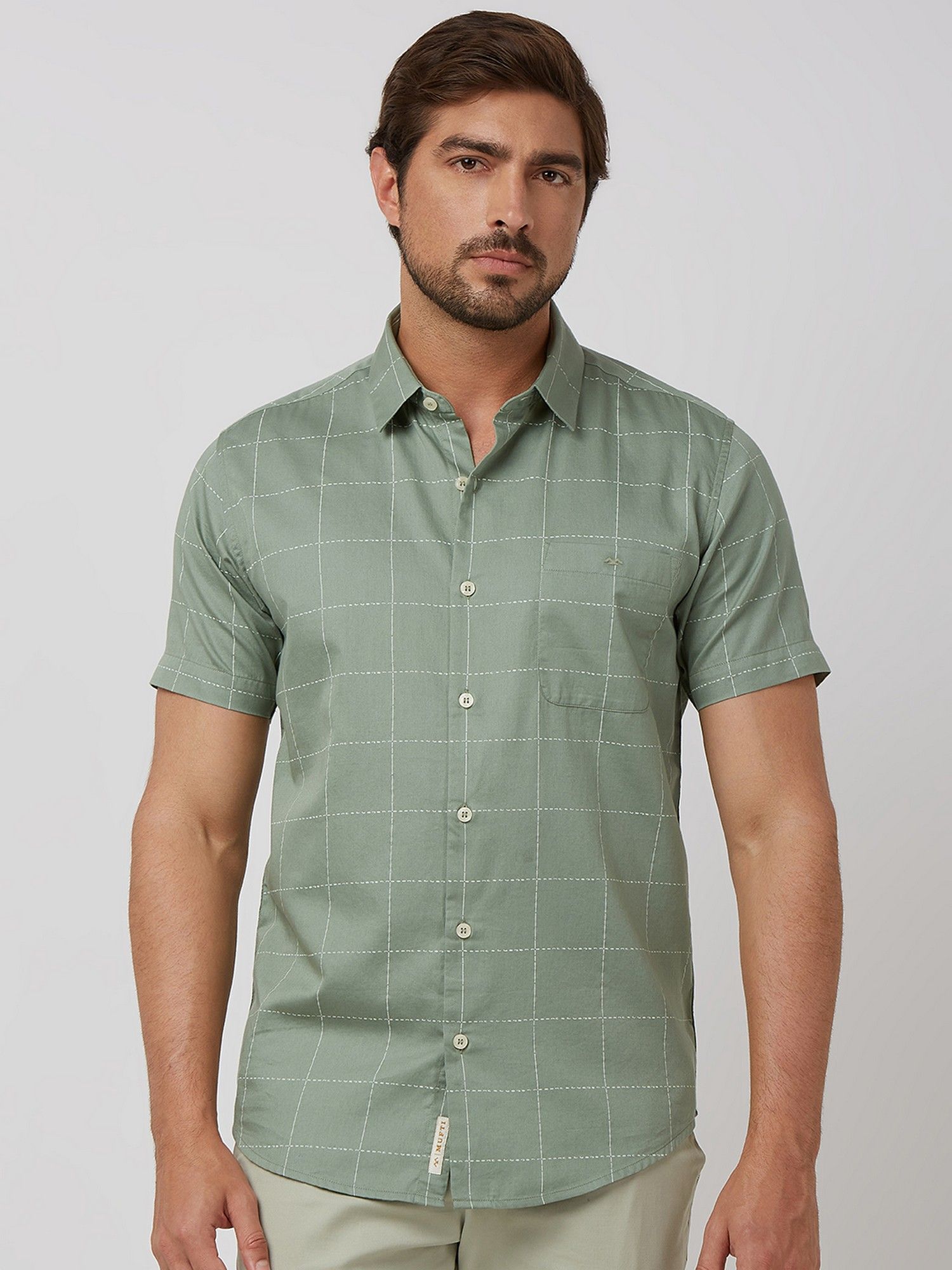 Buy Mufti Men Olive Checks Slim Fit Shirt Online