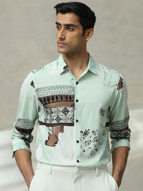 Buy Mufti Men Green Abstract Slim Fit Shirt Online