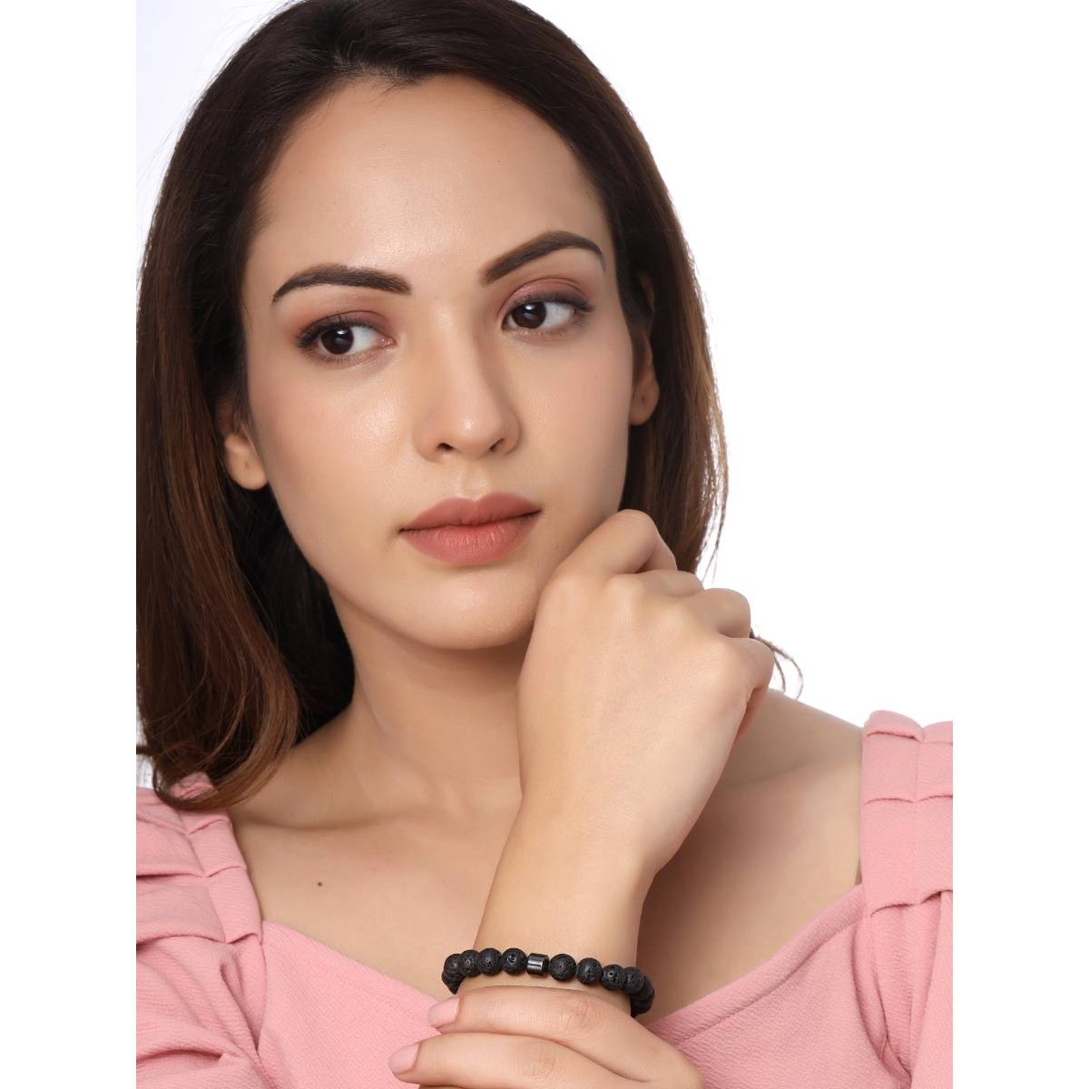 Yellow Chimes Women Black Beads Stretchable Bracelet