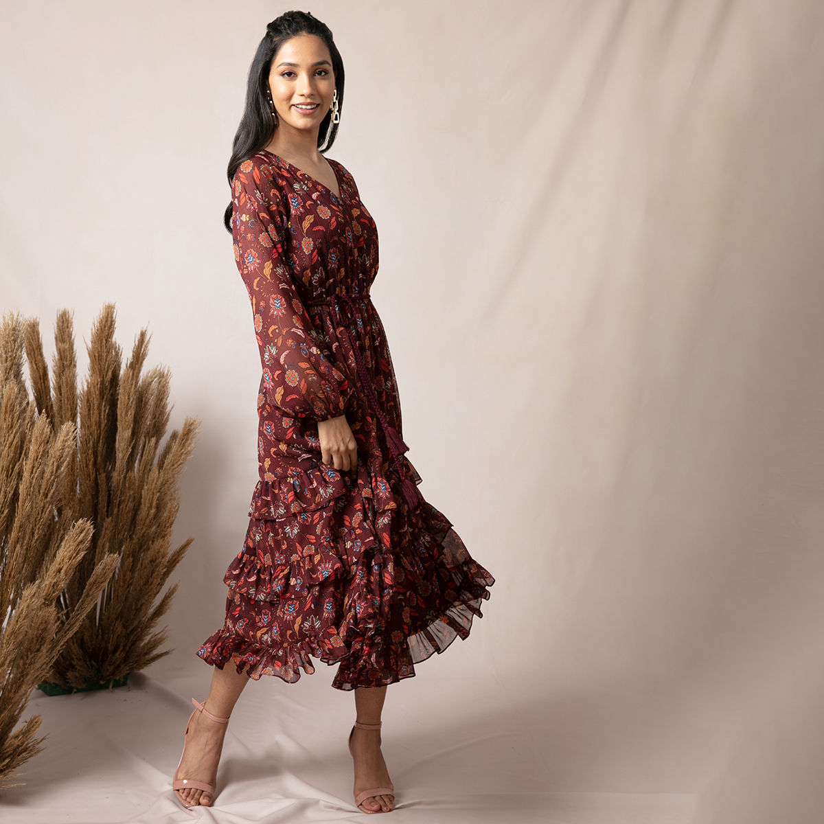 Maroon dress with discount flowers