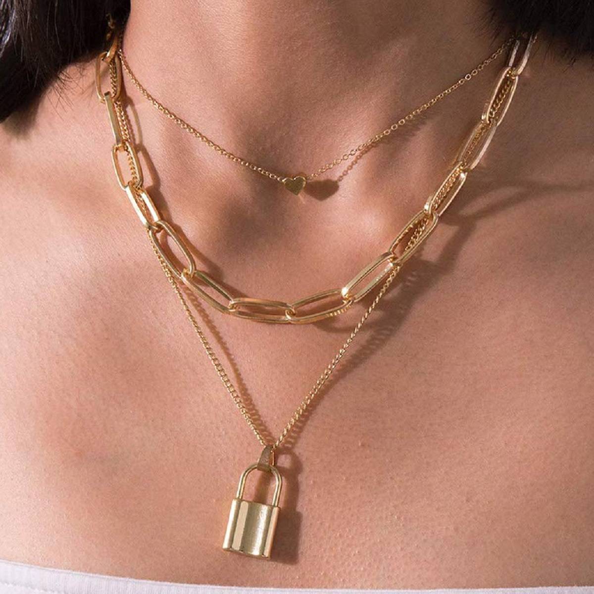 Fabula Gold Tone Link Chain Heart & Lock Multi Layer Necklace