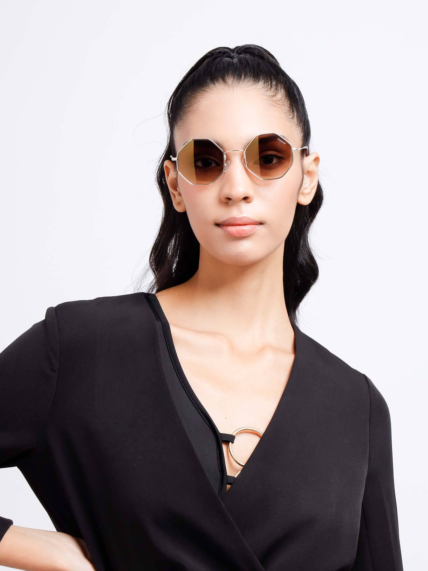 Poppy Women Metal Brown Hexagonal Full Rim Sunglass (PO-5012)-58