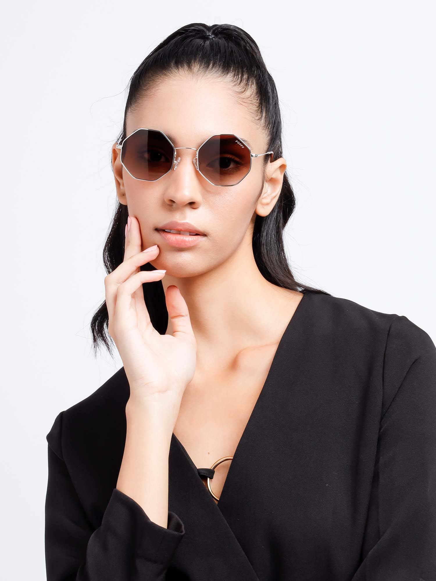 Poppy Women Metal Brown Hexagonal Full Rim Sunglass (PO-5013)-58