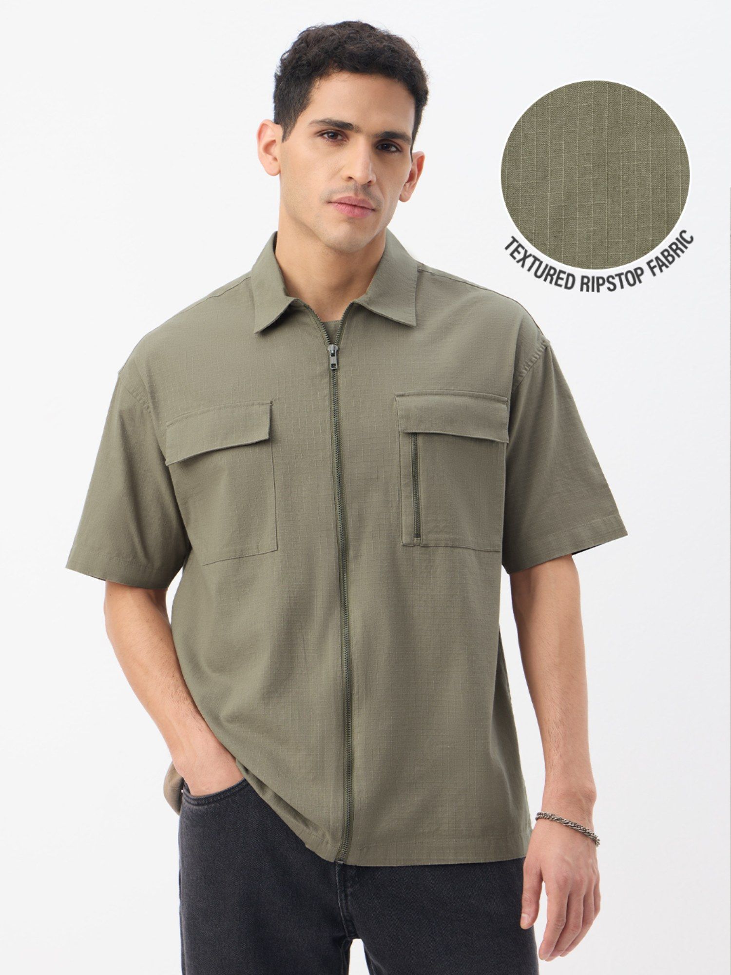 Buy The Souled Store Zipper Driftwood Men Oversized Shirt Online