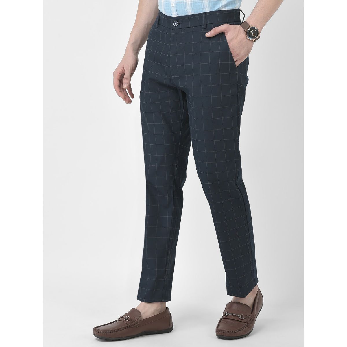 Buy Peter England Men Navy Check Carrot Fit Casual Trousers online