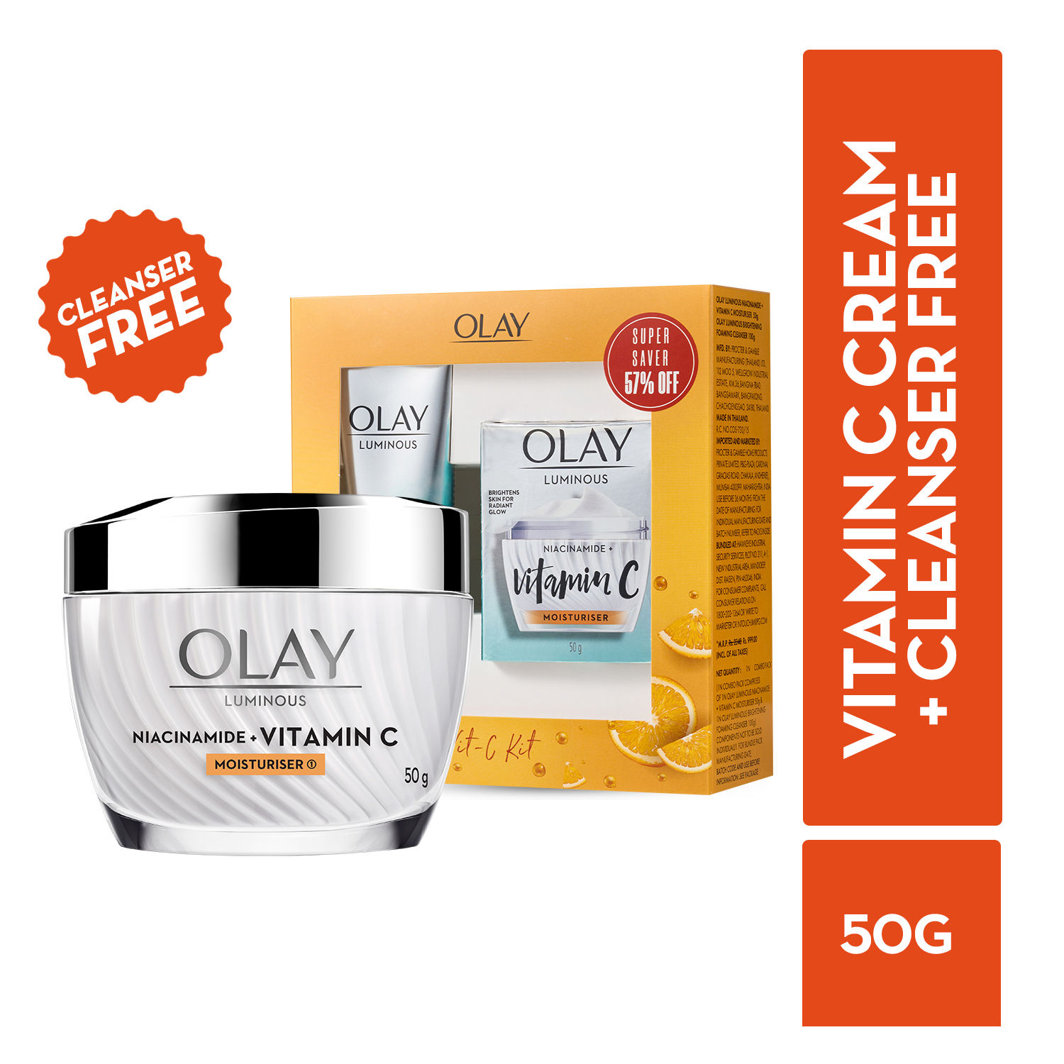 Olay Vitamin C Kit For 2x Glow - Cream With Free Cleanser