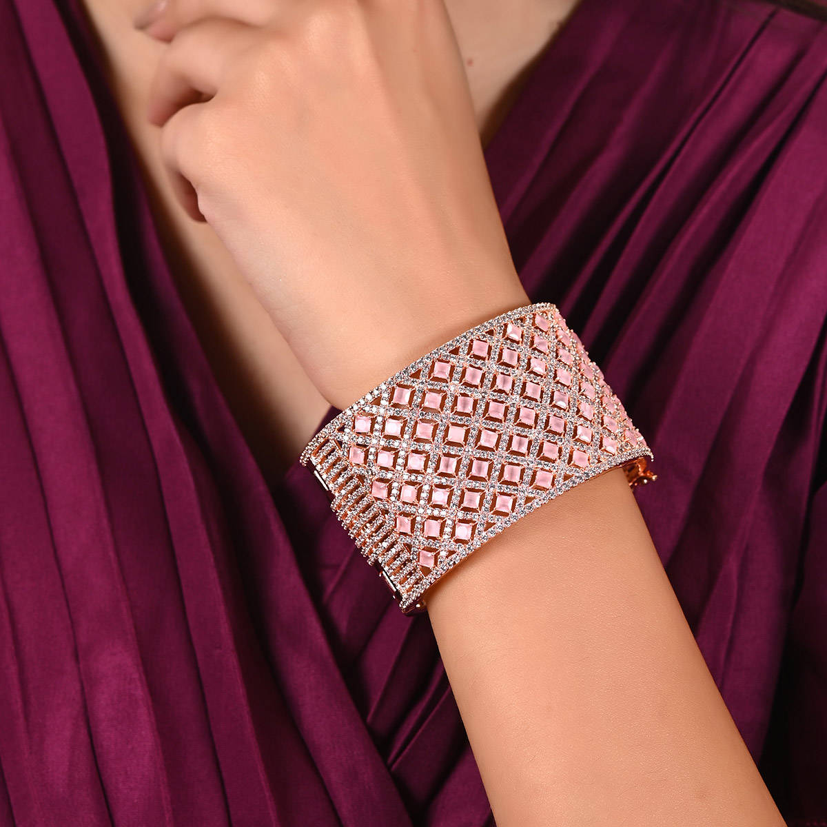 Ratnavali Jewels Rose Gold Plated American Diamond CZ Pink Broad openable Kada Bracelet (2.6)