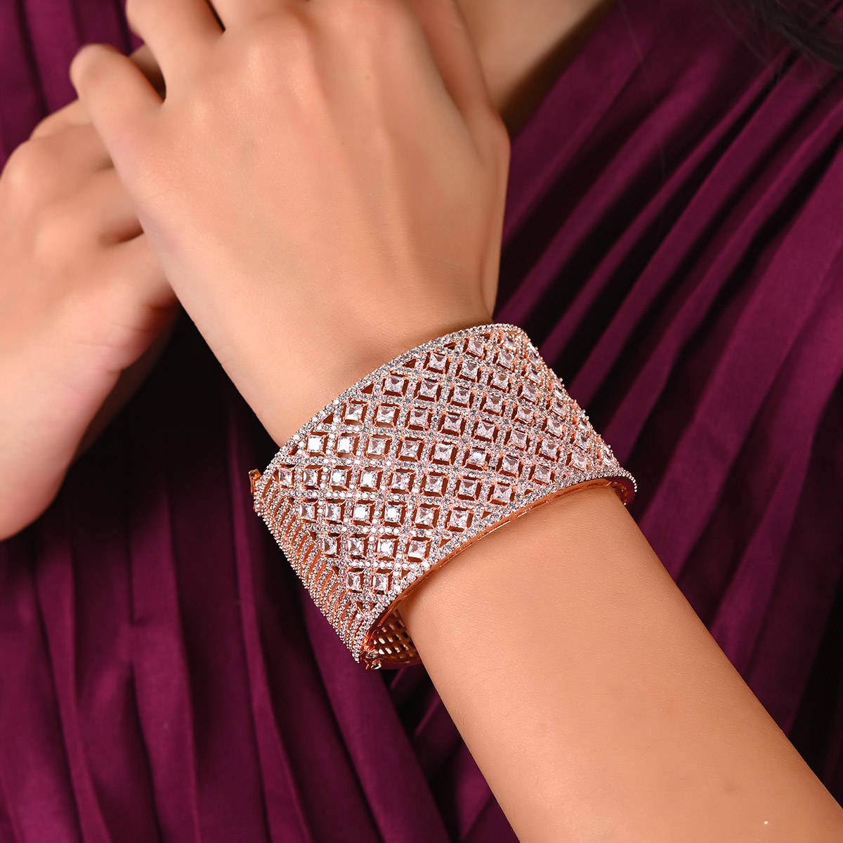 Ratnavali Jewels Rose Gold Plated American Diamond CZ White Broad openable Kada Bracelet (2.6)
