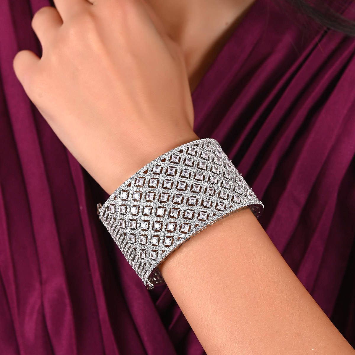 Ratnavali Jewels Silver Plated American Diamond CZ White Broad openable Kada Bracelet (2.6)