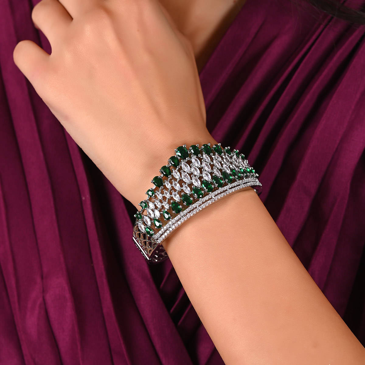 Ratnavali Jewels Silver Plated American Diamond CZ Green Openable Kada Bracelet (2.6)