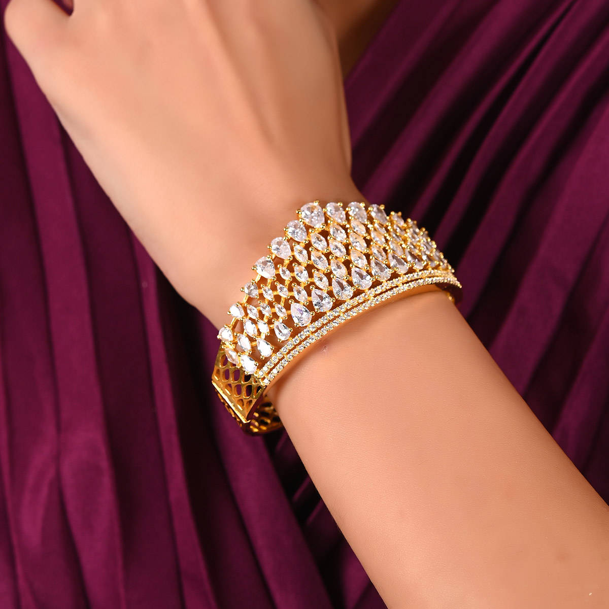 Ratnavali Jewels Gold Plated American Diamond CZ White Openable Kada Bracelet (2.6)