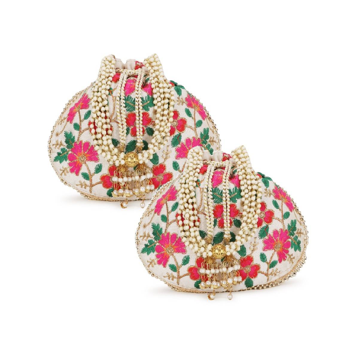 Anekaant Dangle Cream & Multi-Color Floral Embroidered Faux Silk Potlis Combo (Pack Of 2)