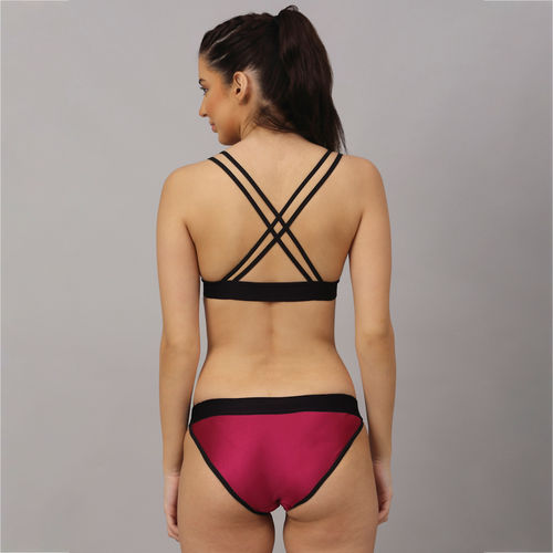Buy PrettyCat Plunge Padded Bra Panty Set - Pink Online