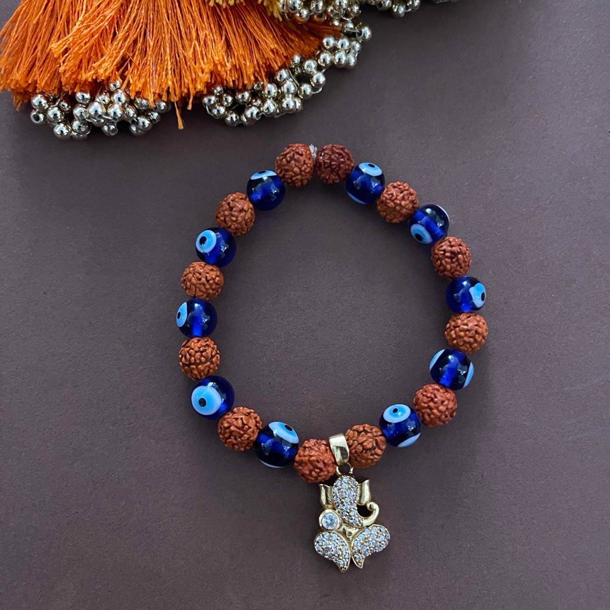 Digital Dress Room Designer Rudraksha & Evil Eye Rakhi Bracelet Diamond Studded Ganesha