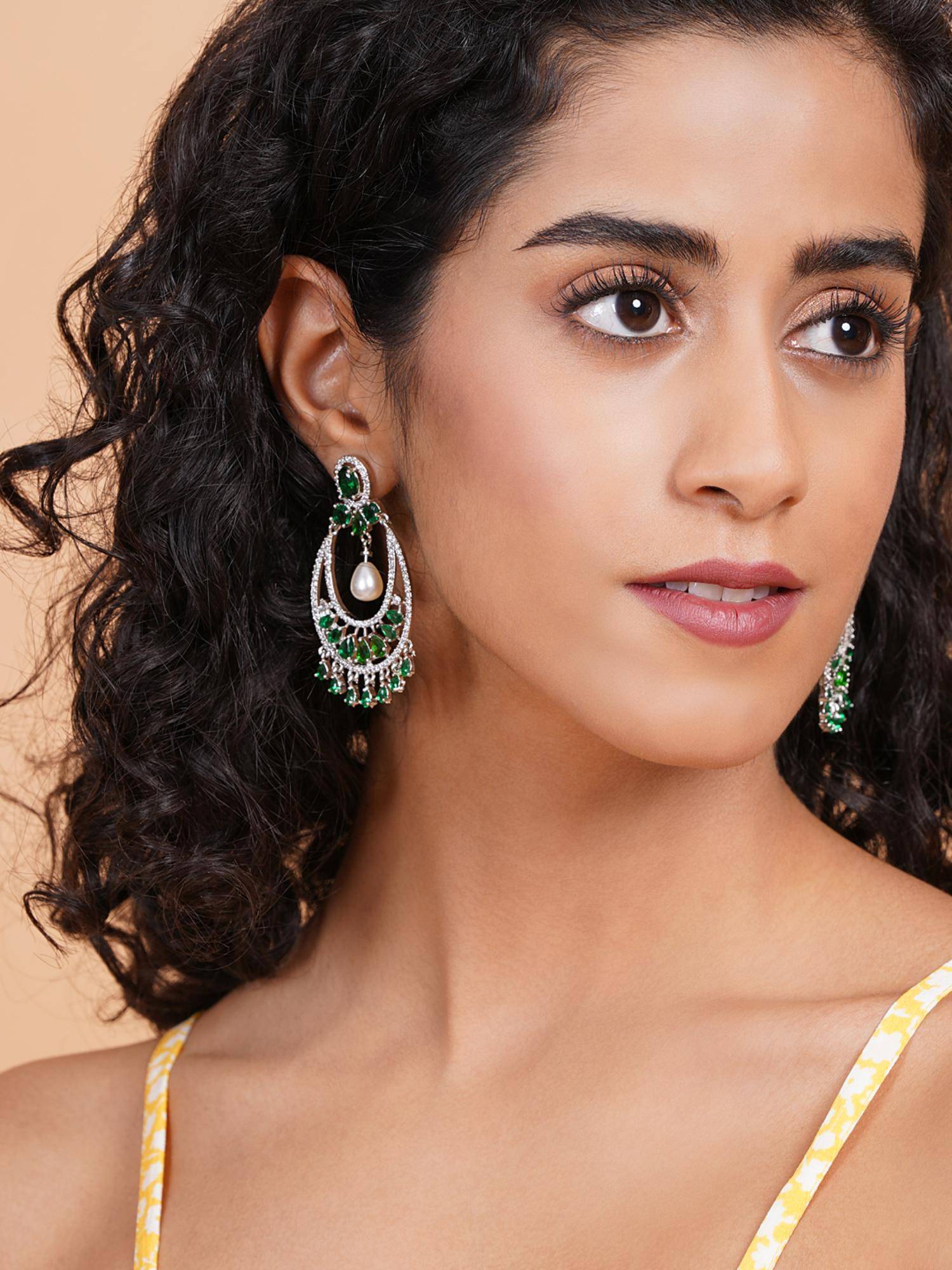 STILEADDA Gorgeous Green American Diamond Chandbali Earrings
