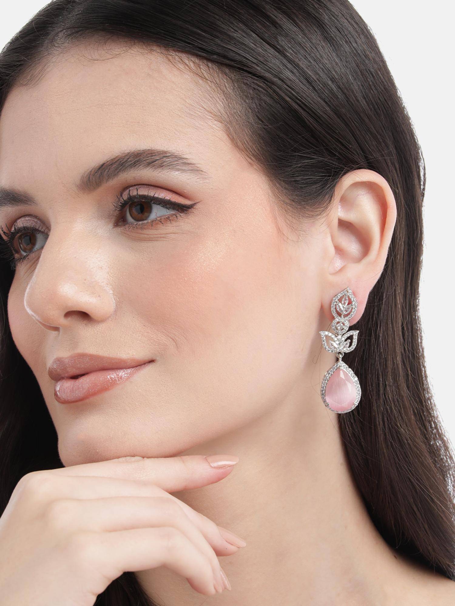 STILEADDA Silver Plated Luxurious Pink Ad Drop Earrings
