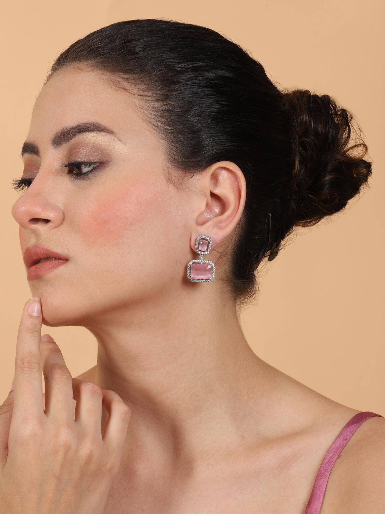 STILEADDA Exquisite Minimalist Look Pastel Pink Cz Ad Statement Earrings