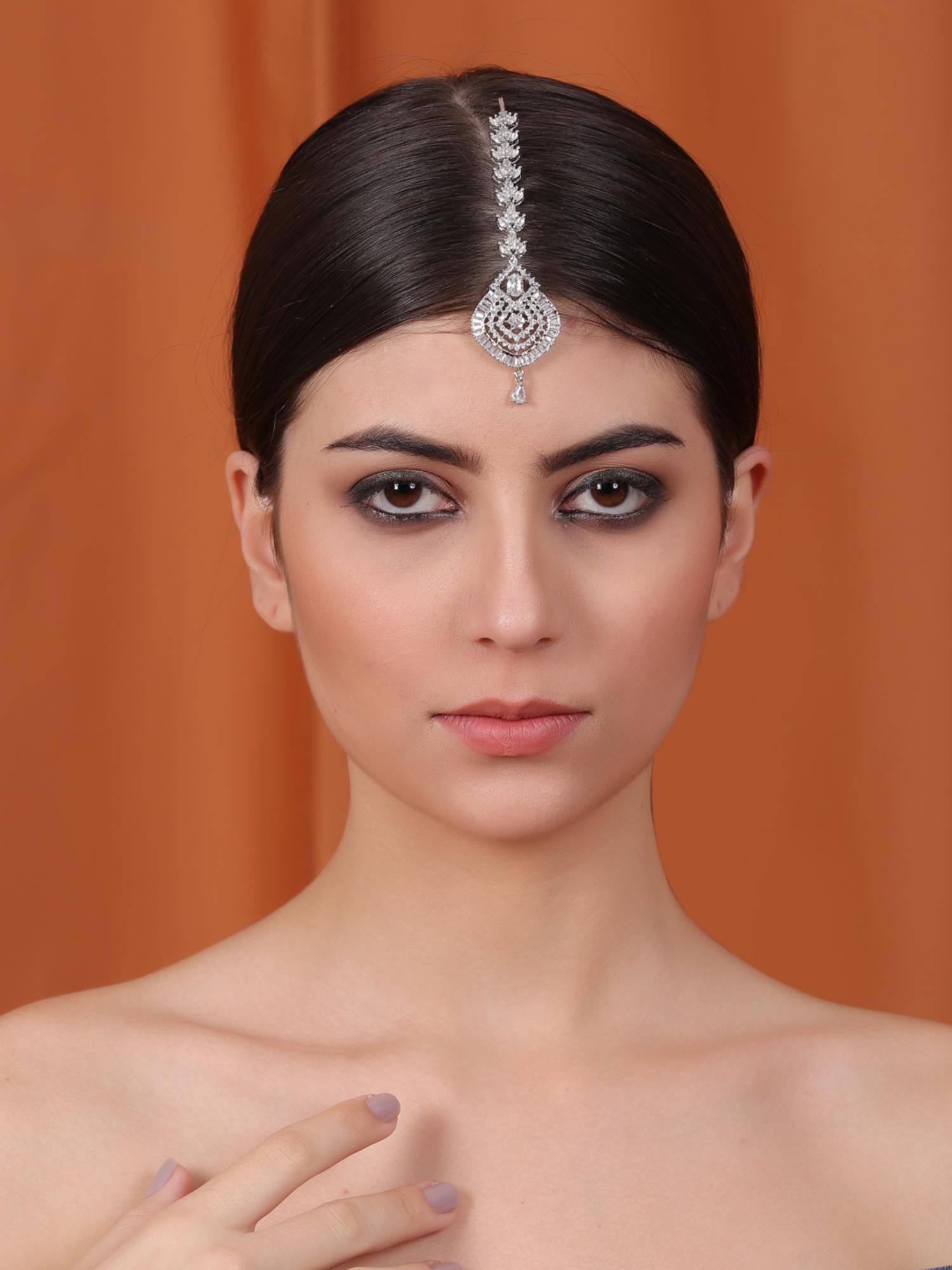 STILEADDA Sparkling Silver Plated American Diamond Maangtikka