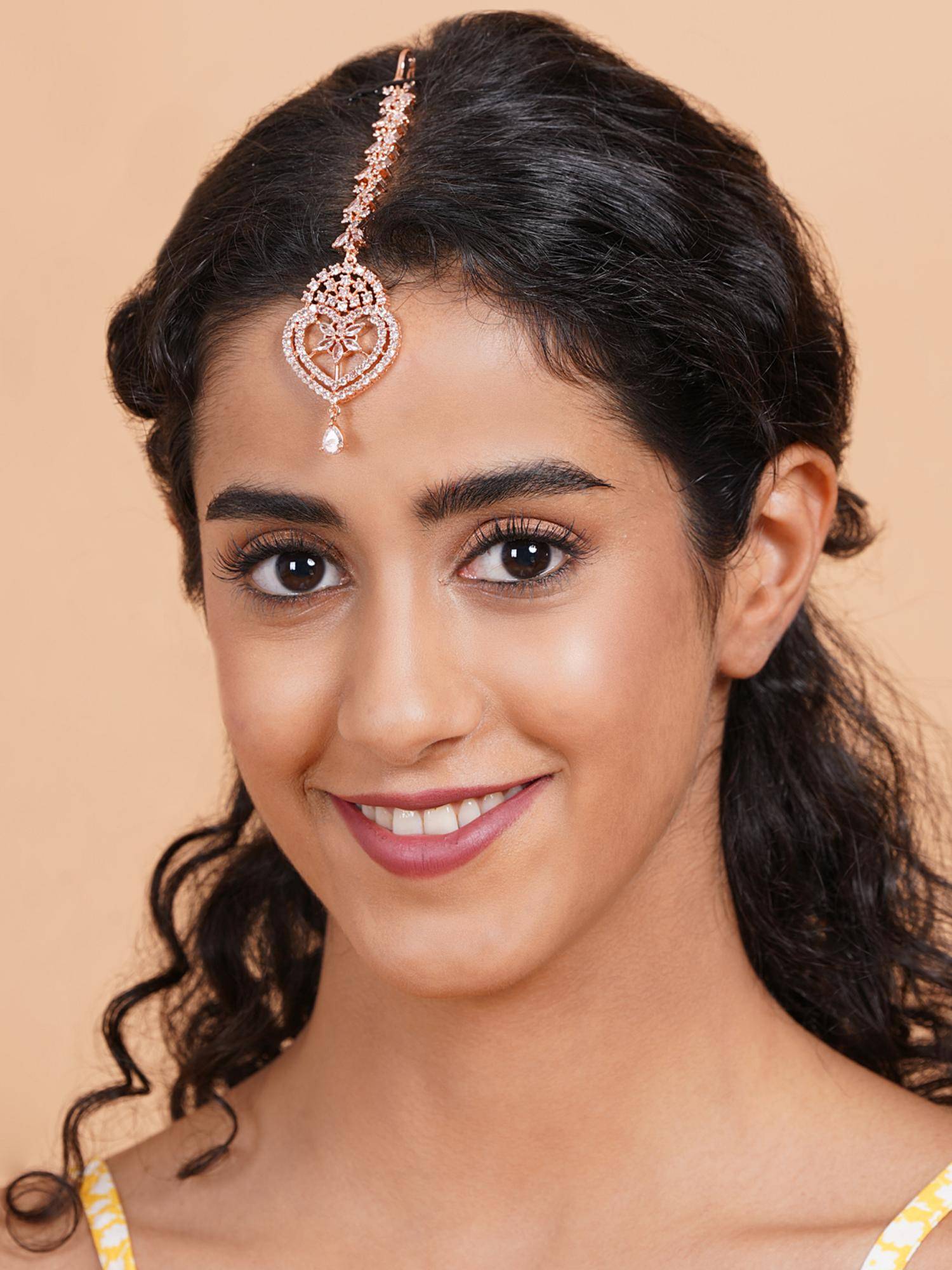 STILEADDA Rose Gold Plated Stylish Heart Designer Maangtikka