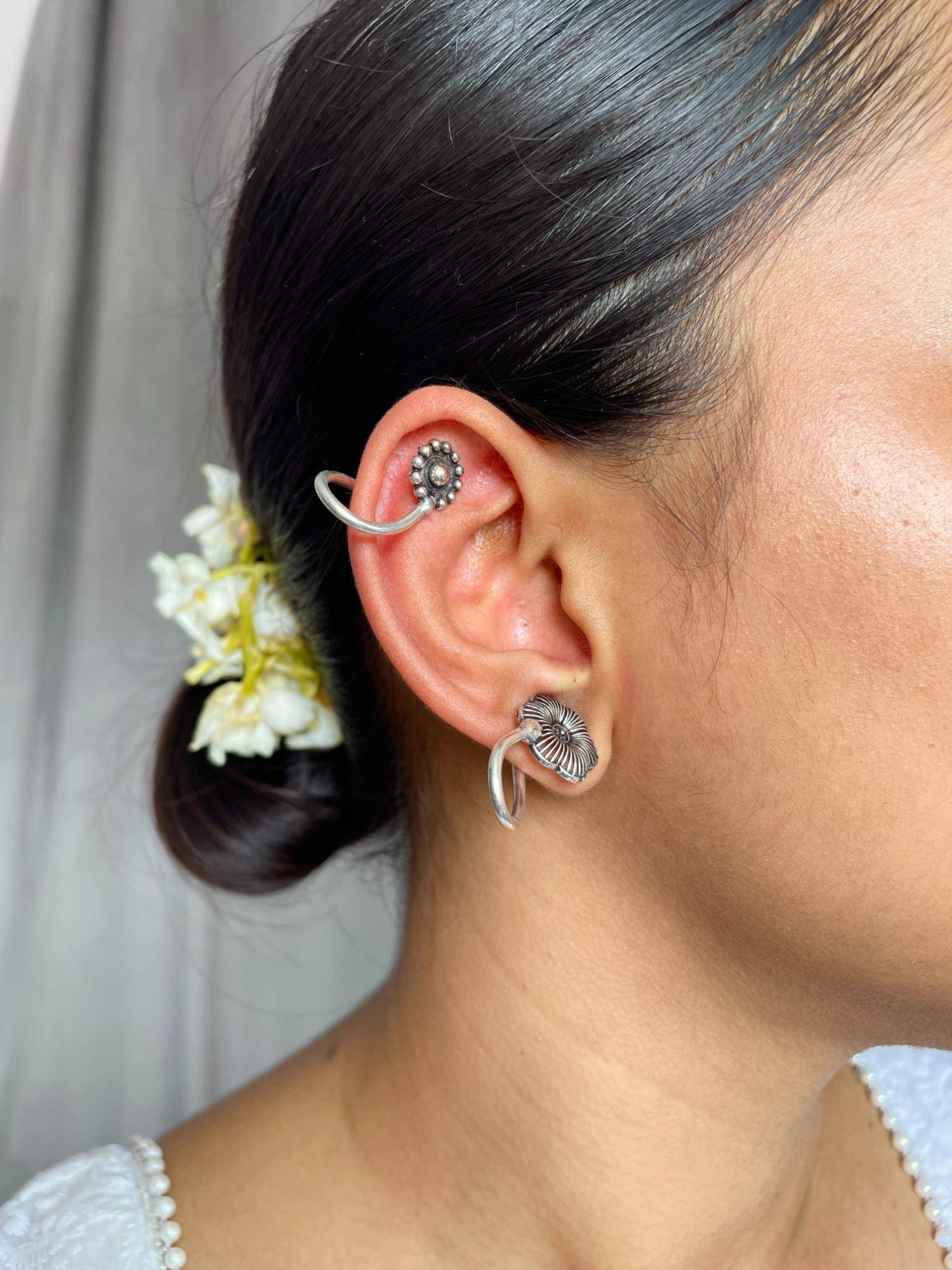 ISHKAARA Oxidized Silver Curved Floral Pattern Ear Cuffs