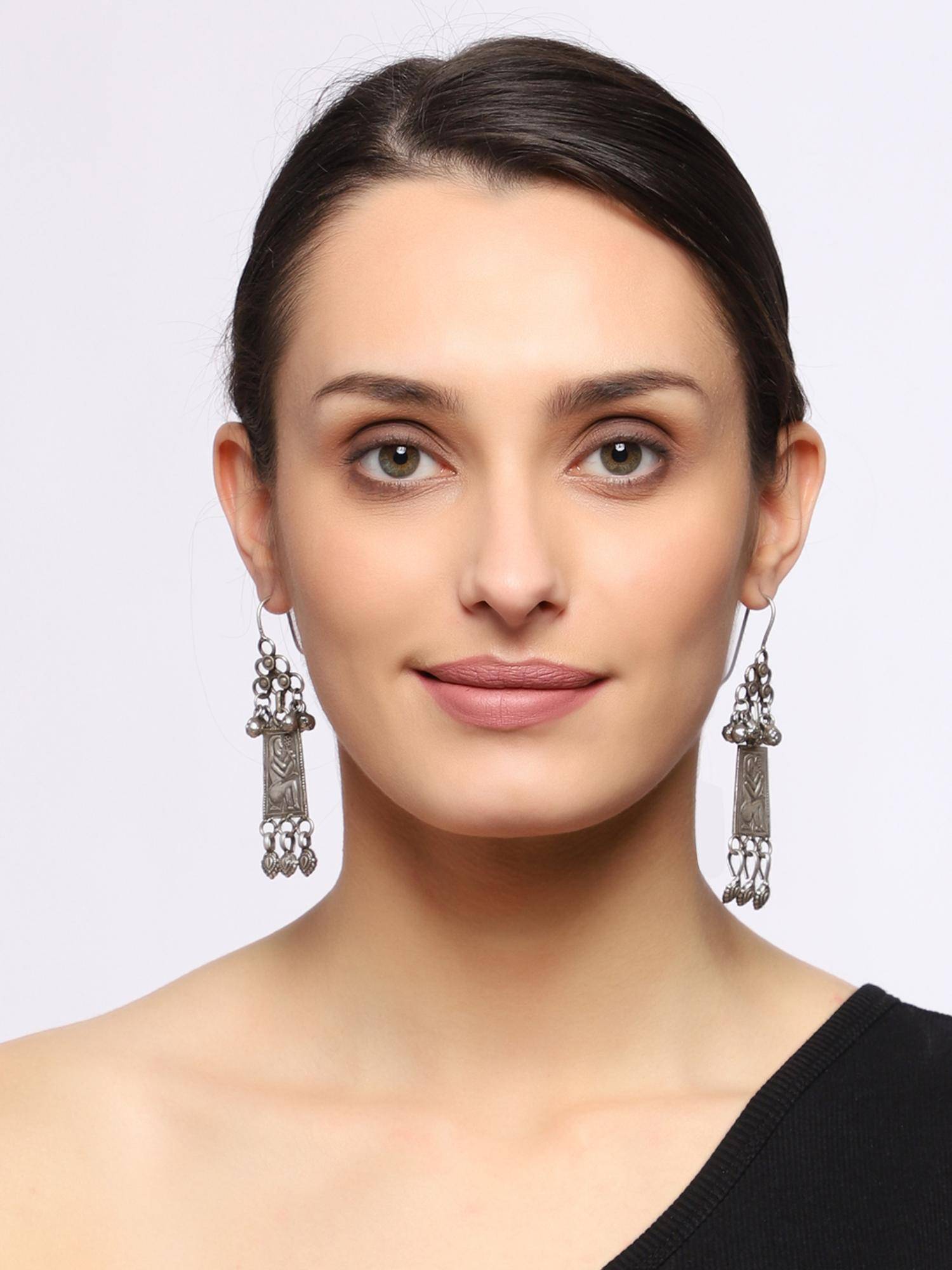 VENI Silver Plated Classic Oxidised Drop Earrings