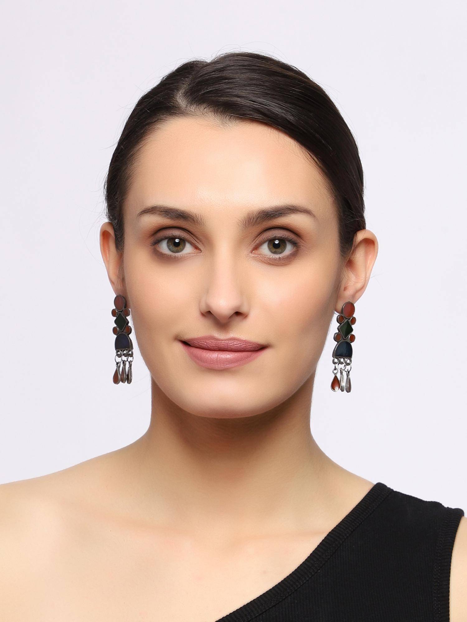 VENI Silver-Plated Classic Oxidised Drop Earrings