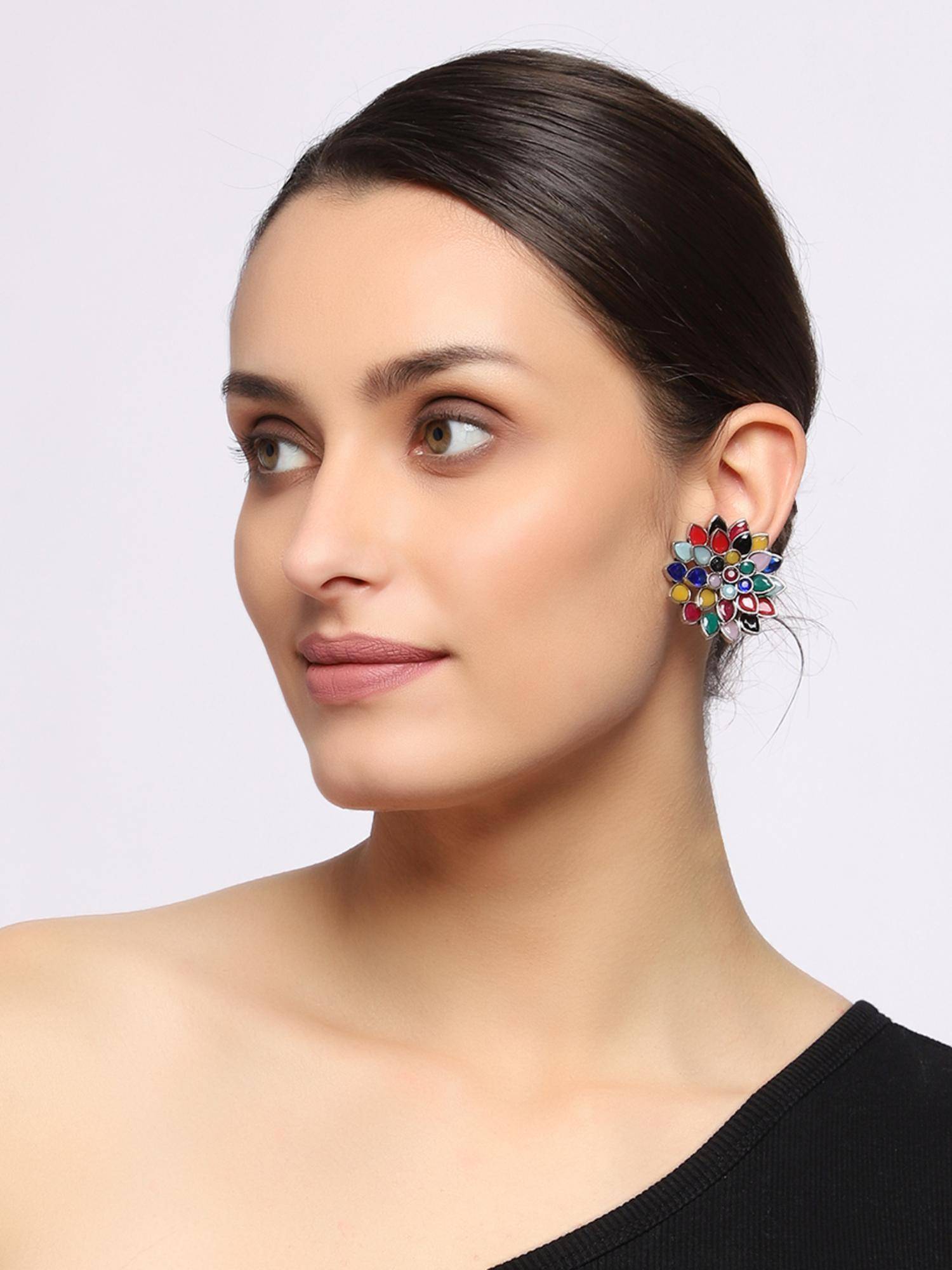 VENI Silver Plated Floral Stud Earrings