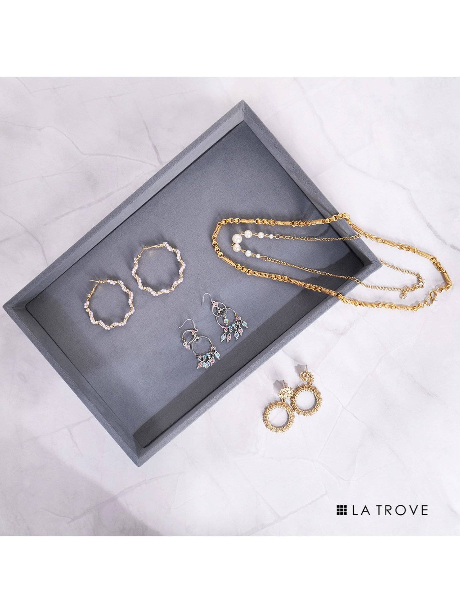 La Trove Premium Grey Velvet Plain Jewellery Storage, Organizer & Display Tray