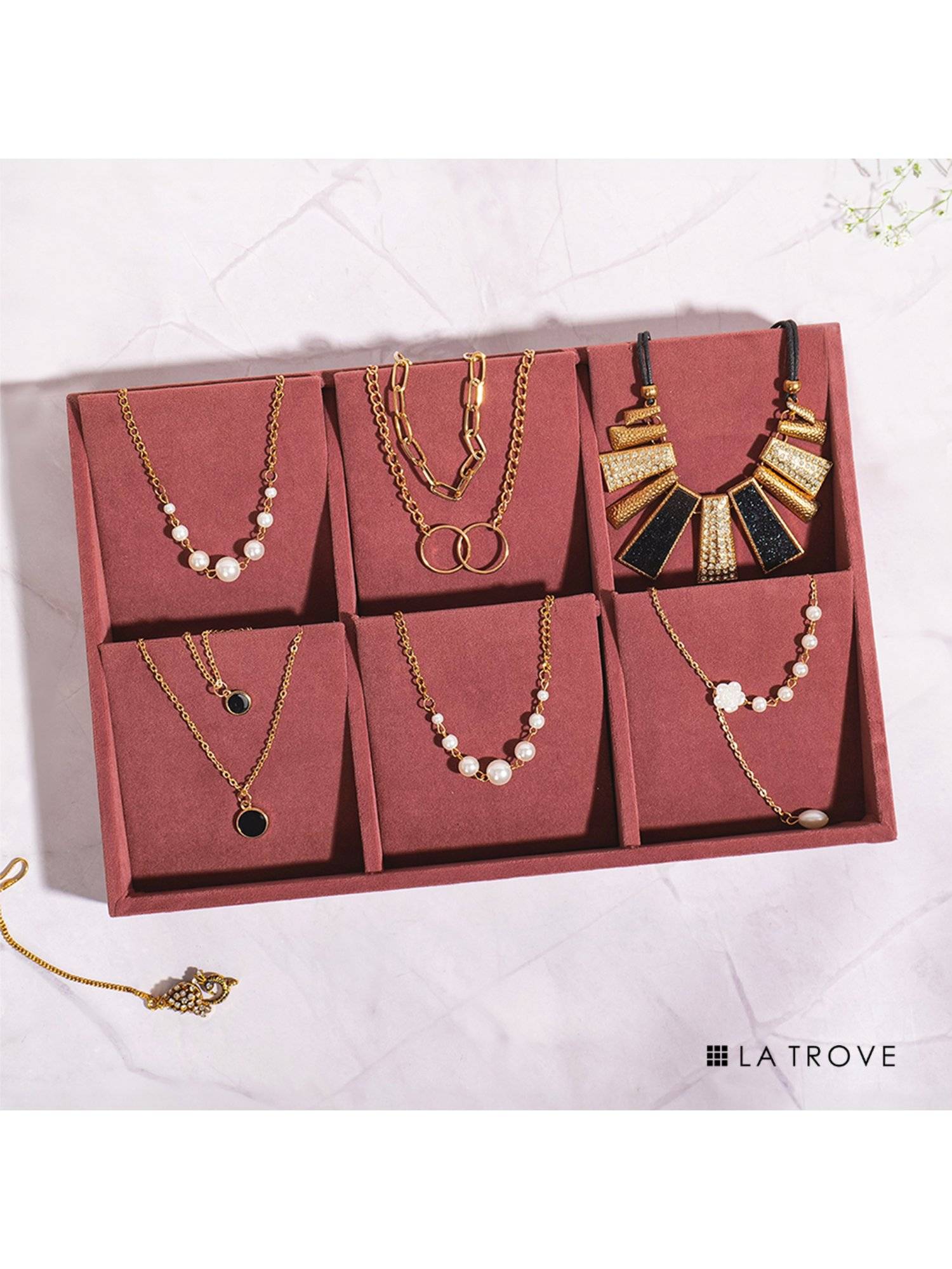 La Trove Premium Pink Velvet 6-Grids Necklace's Storage, Organizer & Display Tray