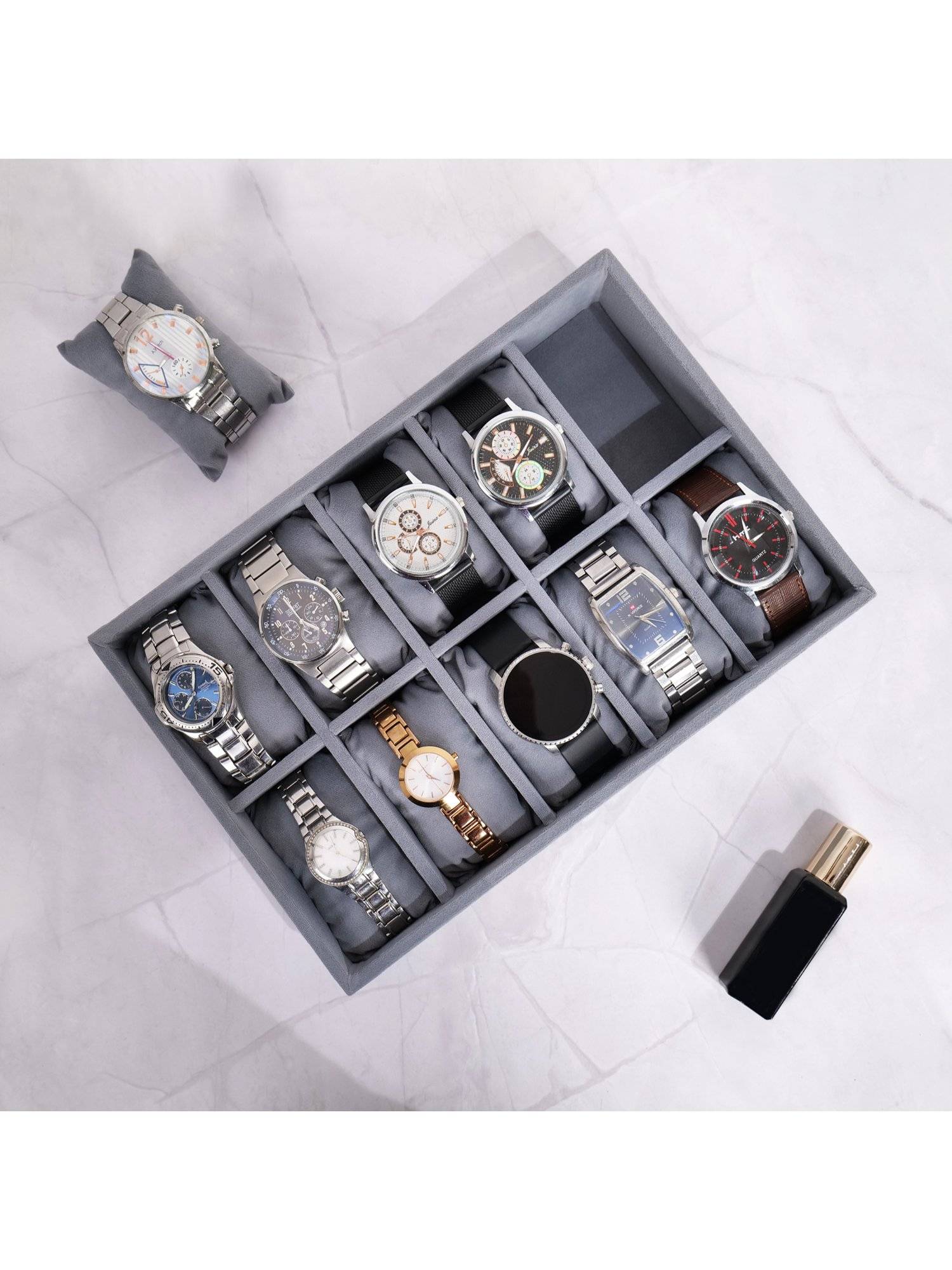 La Trove Grey Velvet 10-Slot Watch Storage Organizer Tray For Men's & Women's