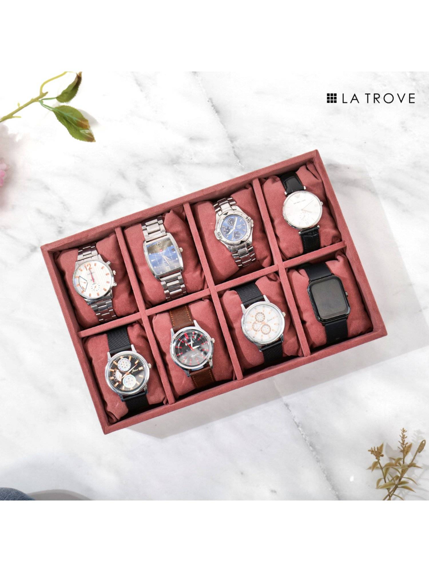 La Trove DarkPink Velvet 8 Slots Watch & Bracelets Storage Organizer Display Tray