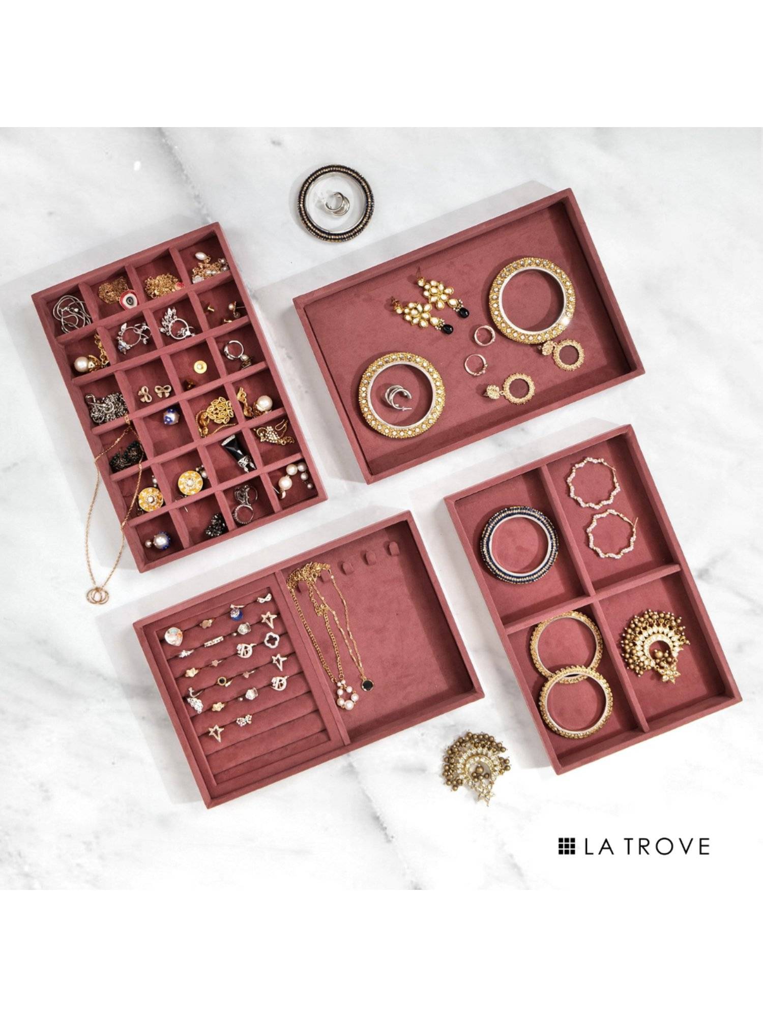 La Trove Darkpink Set of 4 Jewellery Storage & Display Organizer Trays For Wardrobe