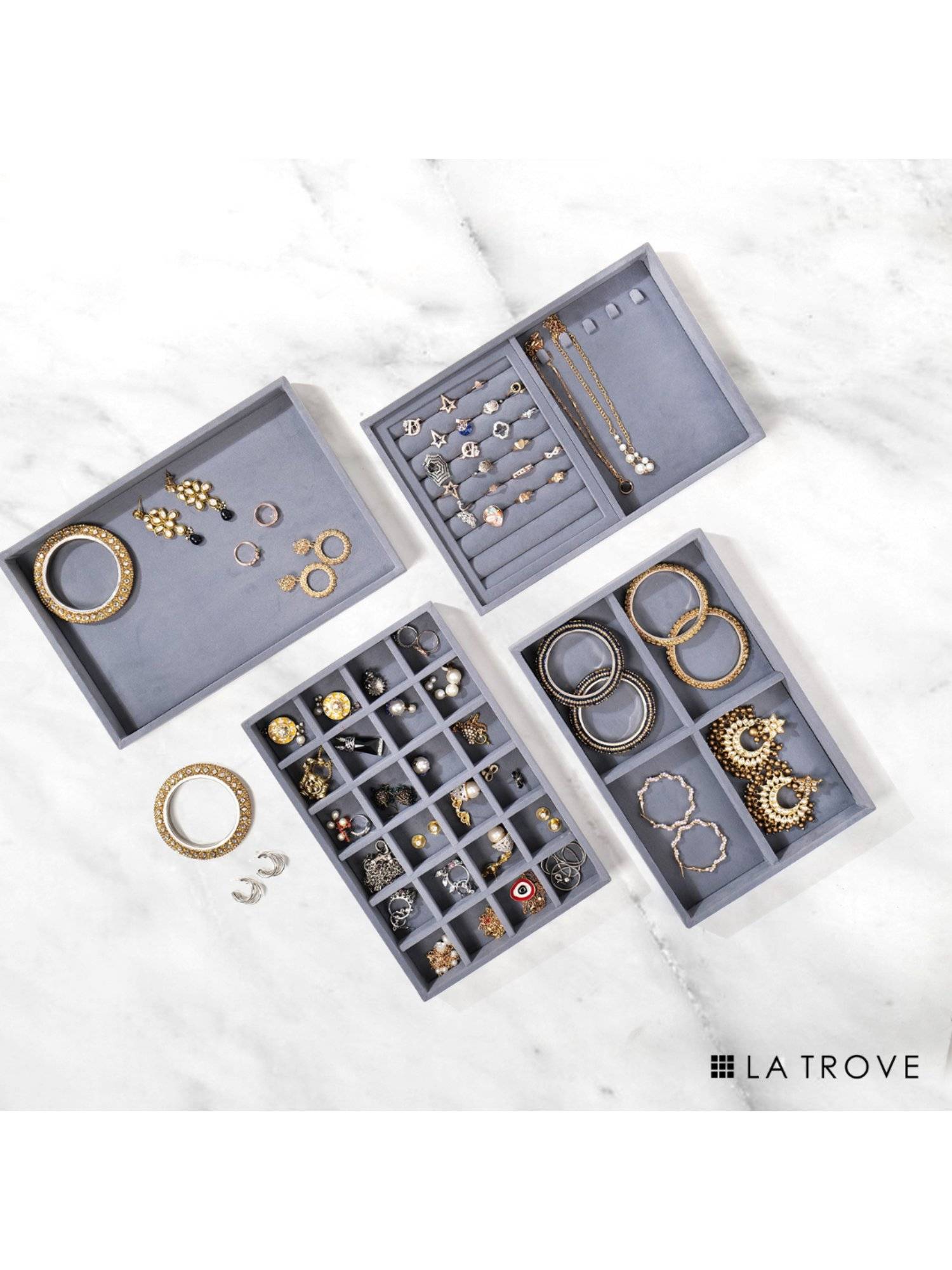 La Trove Grey Set of 4 Jewellery Storage & Display Organizer Trays For Wardrobe
