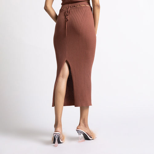 Buy MIXT by Nykaa Fashion Brown Ribbed High Waist Slit Bodycon