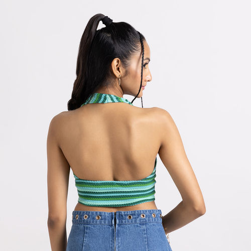 Buy MIXT by Nykaa Fashion Purple And Blue Striped Backless Halter Neck Crop  Top online