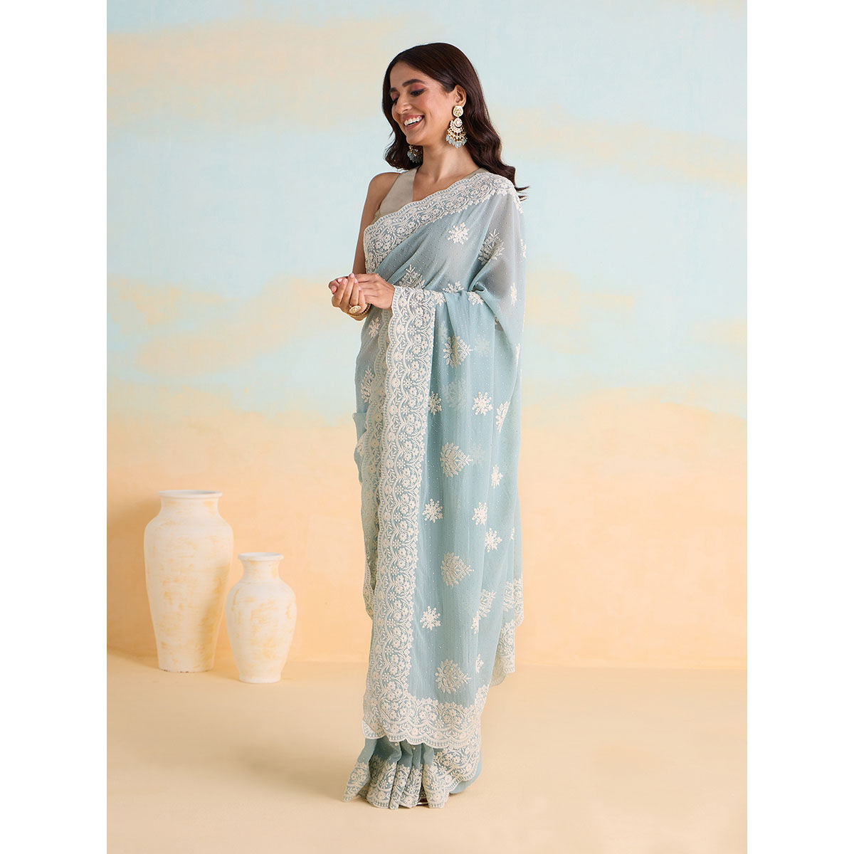 Icy Blue Art Silk Gara Mirror Embroidered Saree - ZERESOUQ.COM