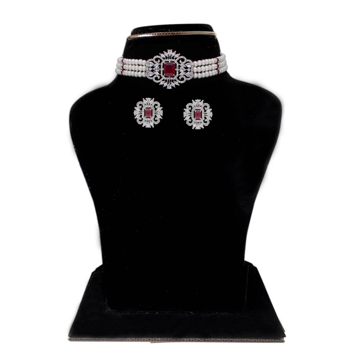 Sri Jagdamba Pearls Jabala 3 Line Button Choker Necklace Set