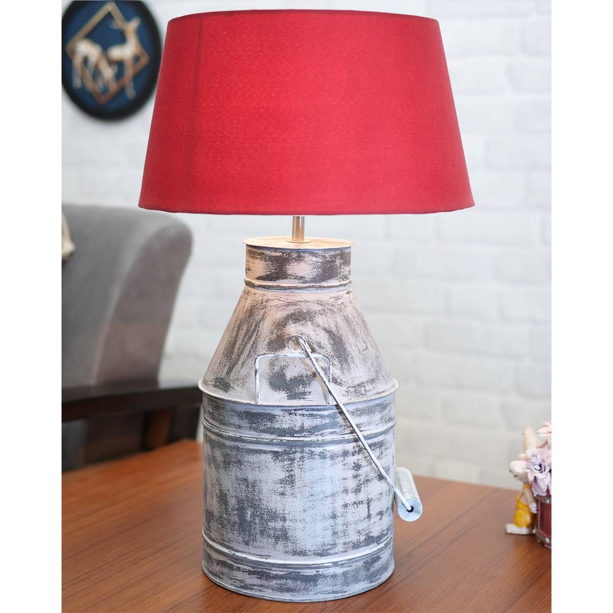 Homesake Whitewash Milk Can Table Lamp Red shade