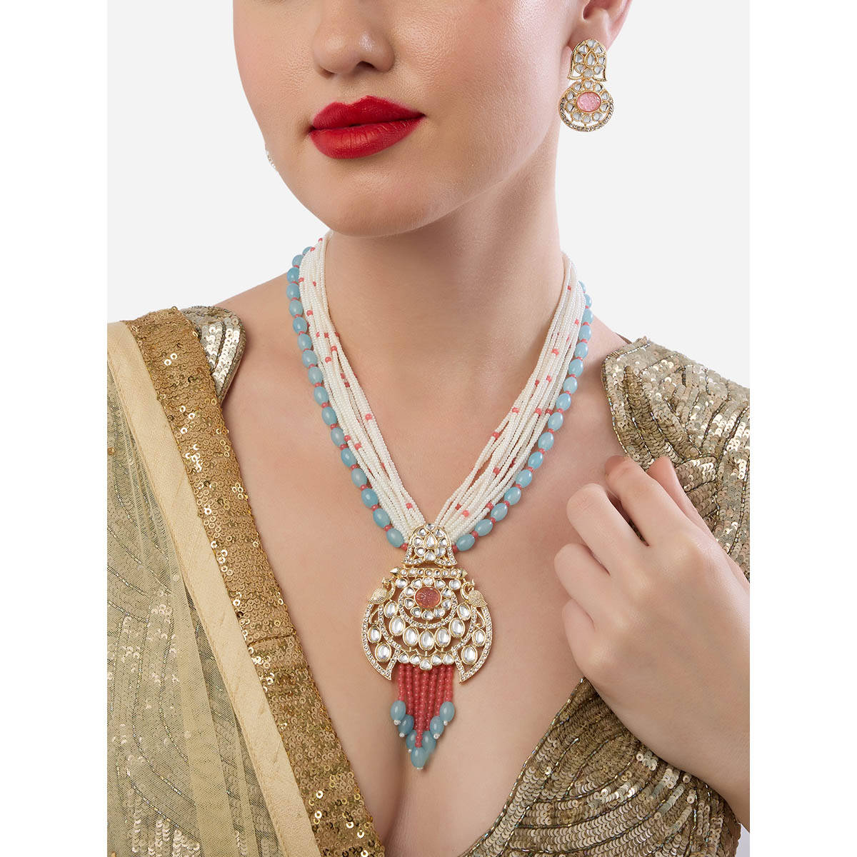 Zaveri Pearls ZPFK19069 Peach Pastel Blue Multistrand Long Necklace with Earrings (Set of 2)