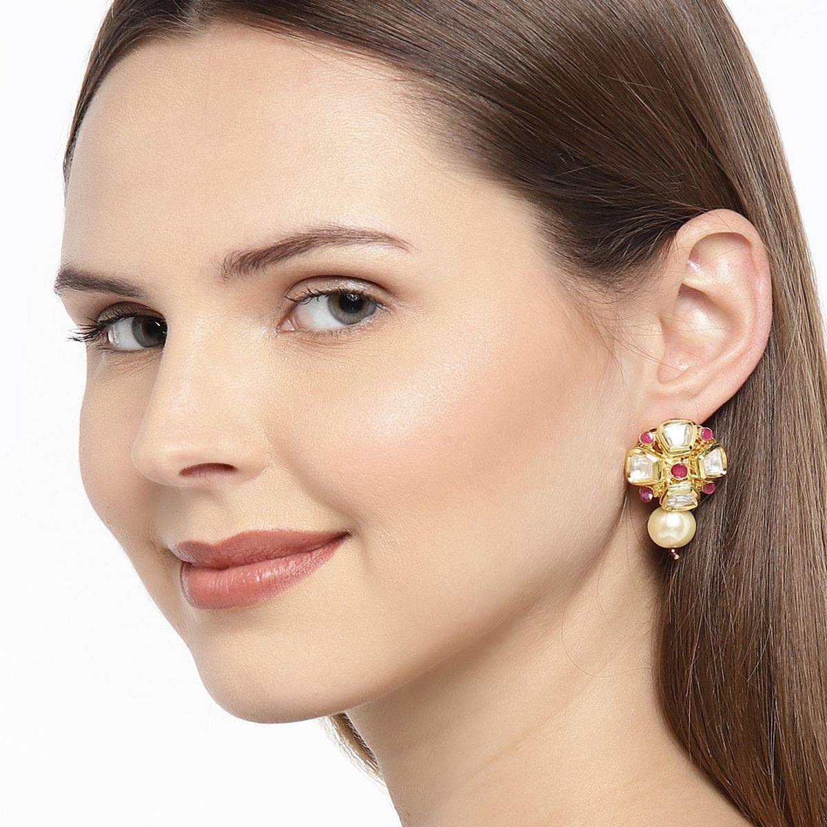 Accessher Women Gold-Toned & Red Contemporary Drop Earrings