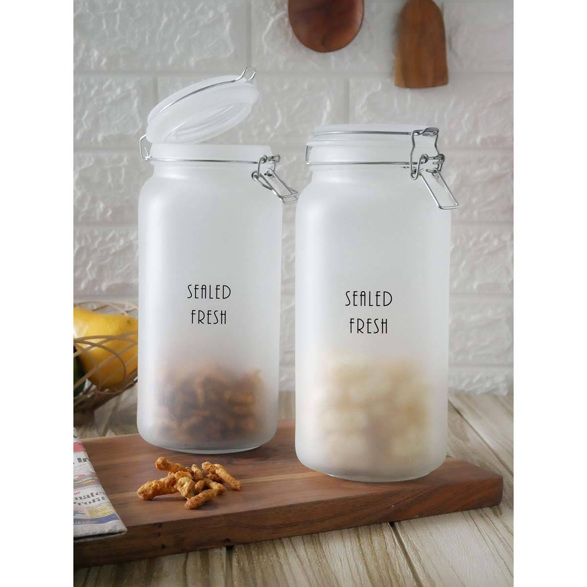 Femora Frost Glass Square Jars & Airtight Steel Lid, 2100 Ml, (Pack Of 2)