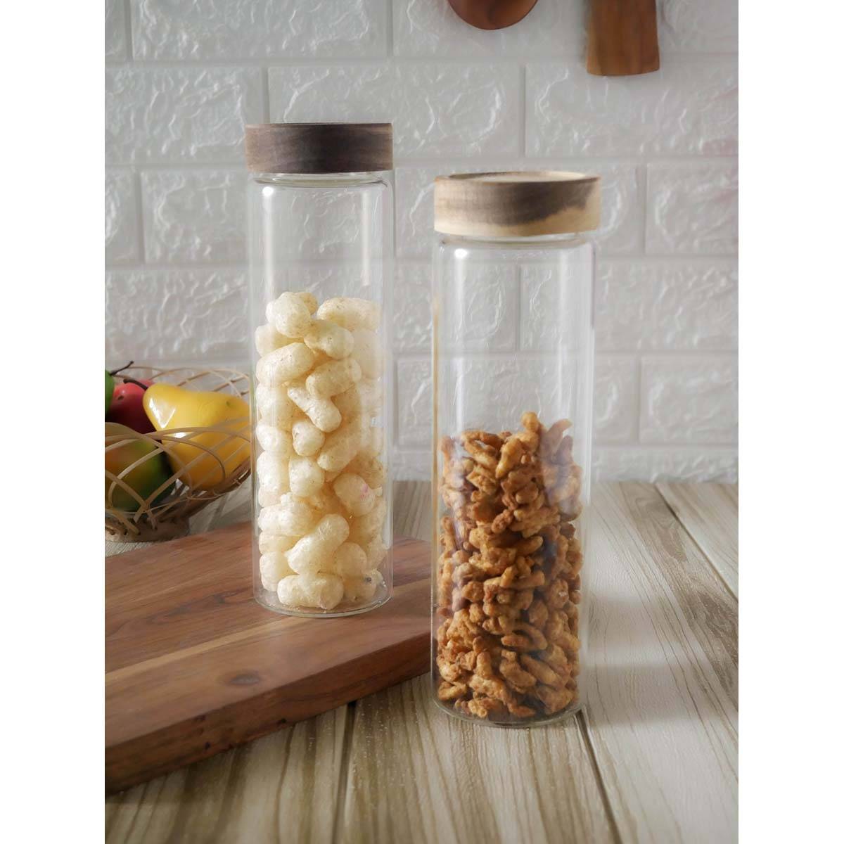 Femora Borosilicate Glass with Wooden Lid Air Tight Jar, 950 Ml, (Pack Of 2)