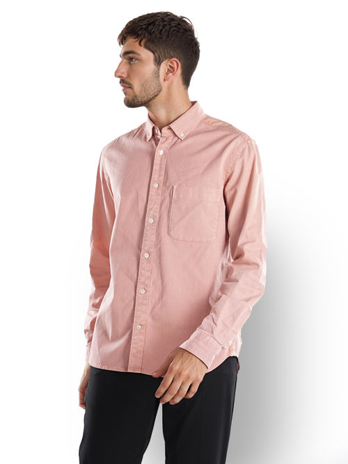 CELIO Men Pink Solid Regular Fit Cotton Denim Shirt