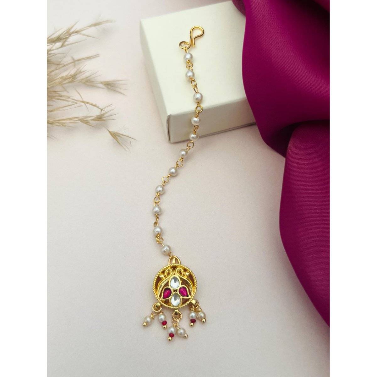 Abdesigns Gold-Plated Pachi Kundan Studded Maang Tikka - Red