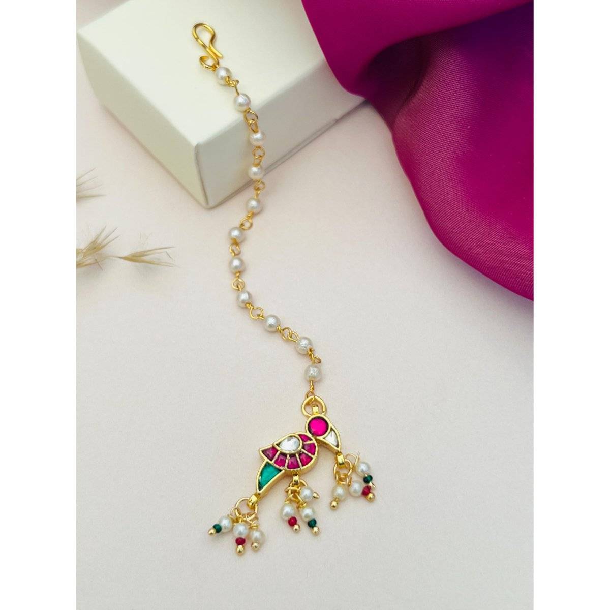 Abdesigns Gold-Plated Pachi Kundan Studded Maang Tikka - Pink